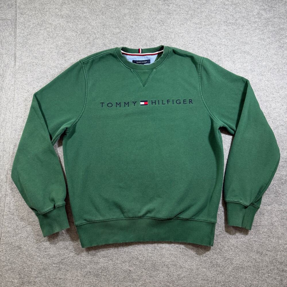 Tommy Hilfiger Sweatshirt Mens S Green Crewneck Flag Logo Fleece Ribbed Cuffs
